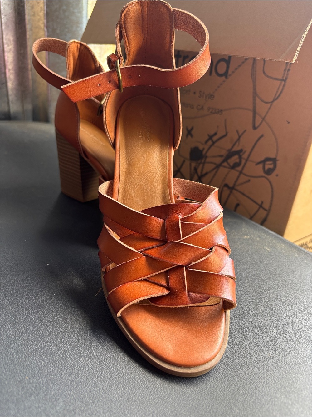 Women’s Brown Leather Strappy Block Heel Sandals. The is a mark on the heel.